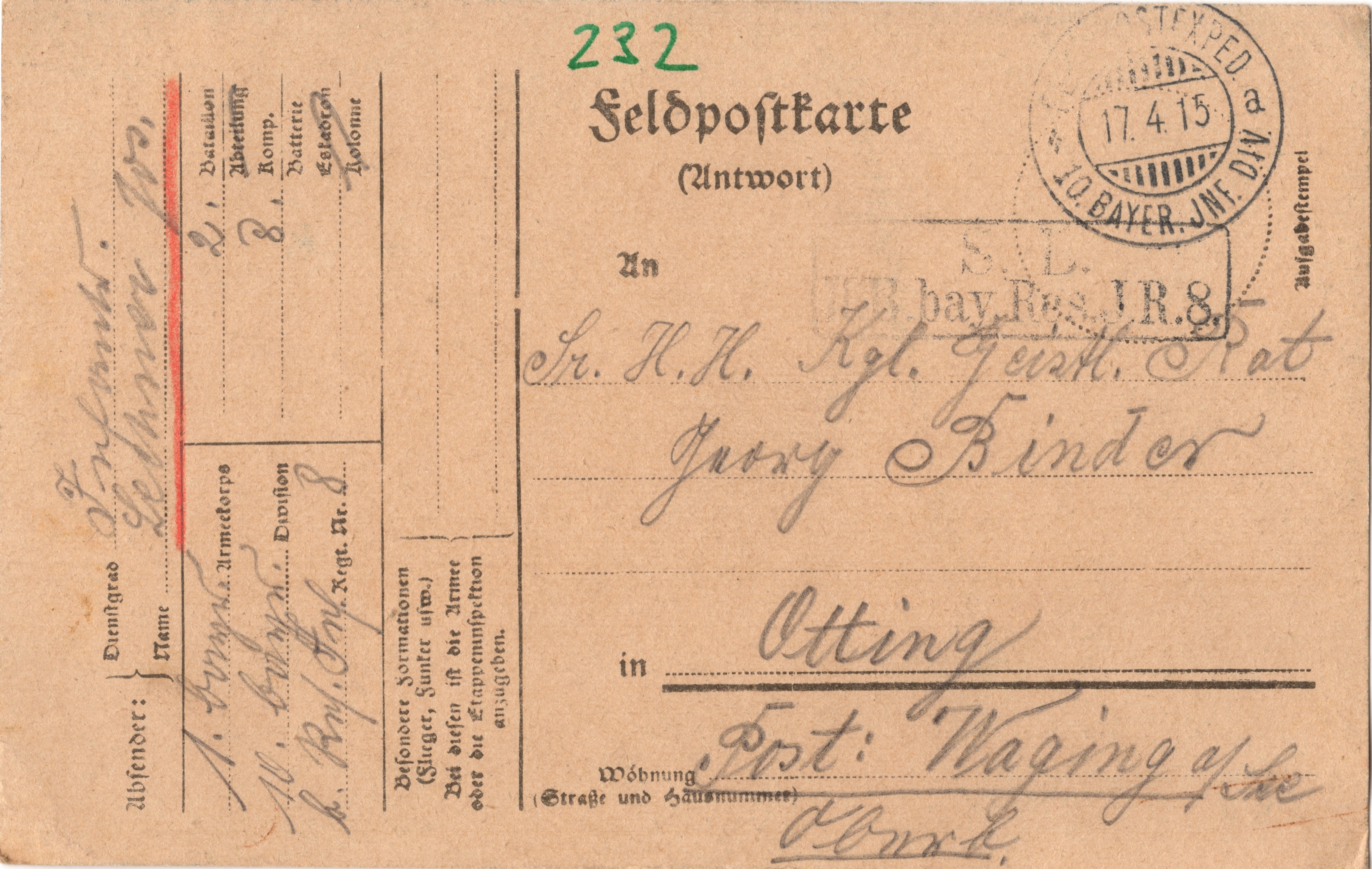 Scan der Schriftstück- Vorderseite © Katholische Pfarrkirchenstiftung St. Stephanus Otting