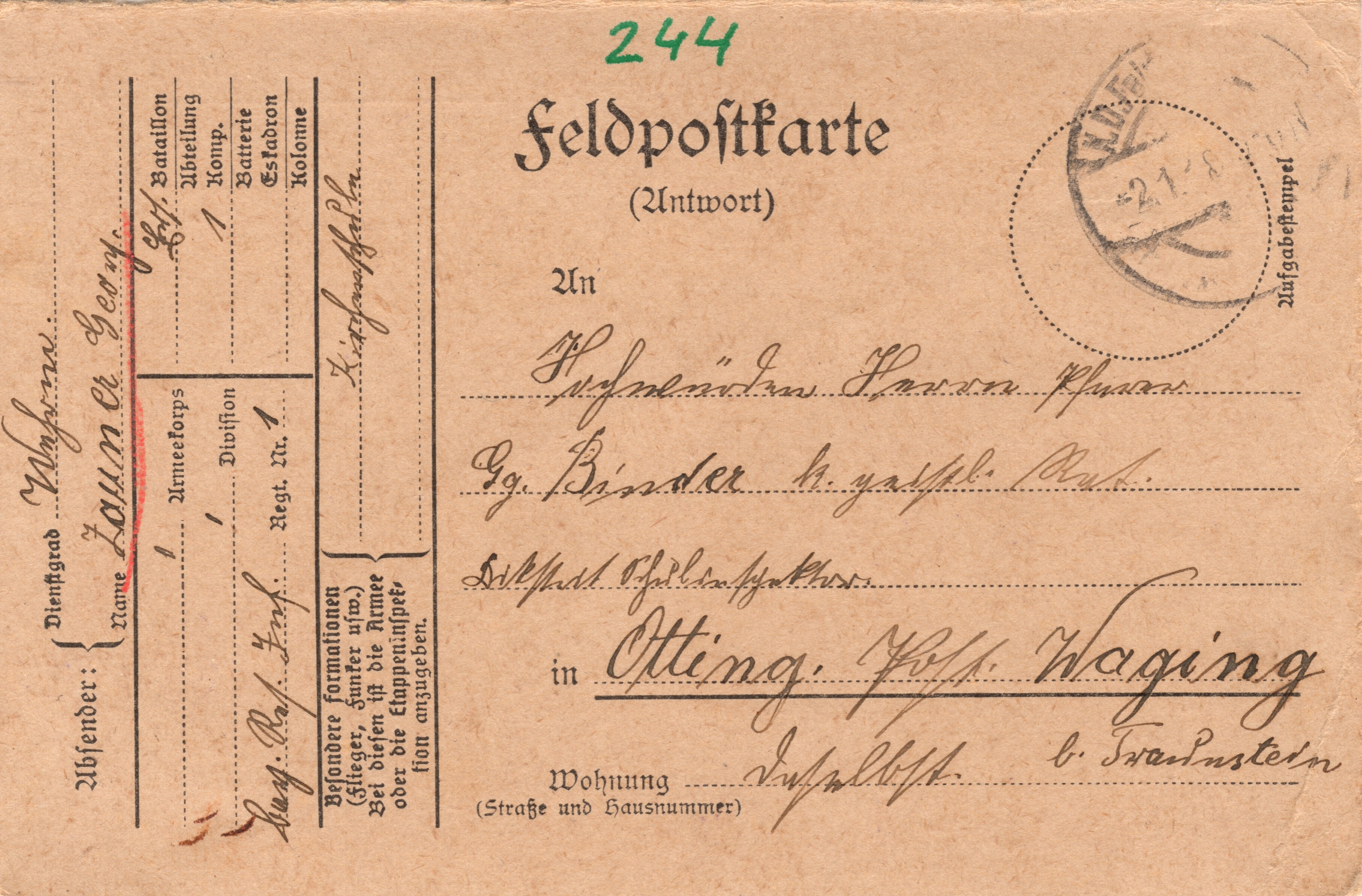 Scan der Schriftstück- Vorderseite © Katholische Pfarrkirchenstiftung St. Stephanus Otting