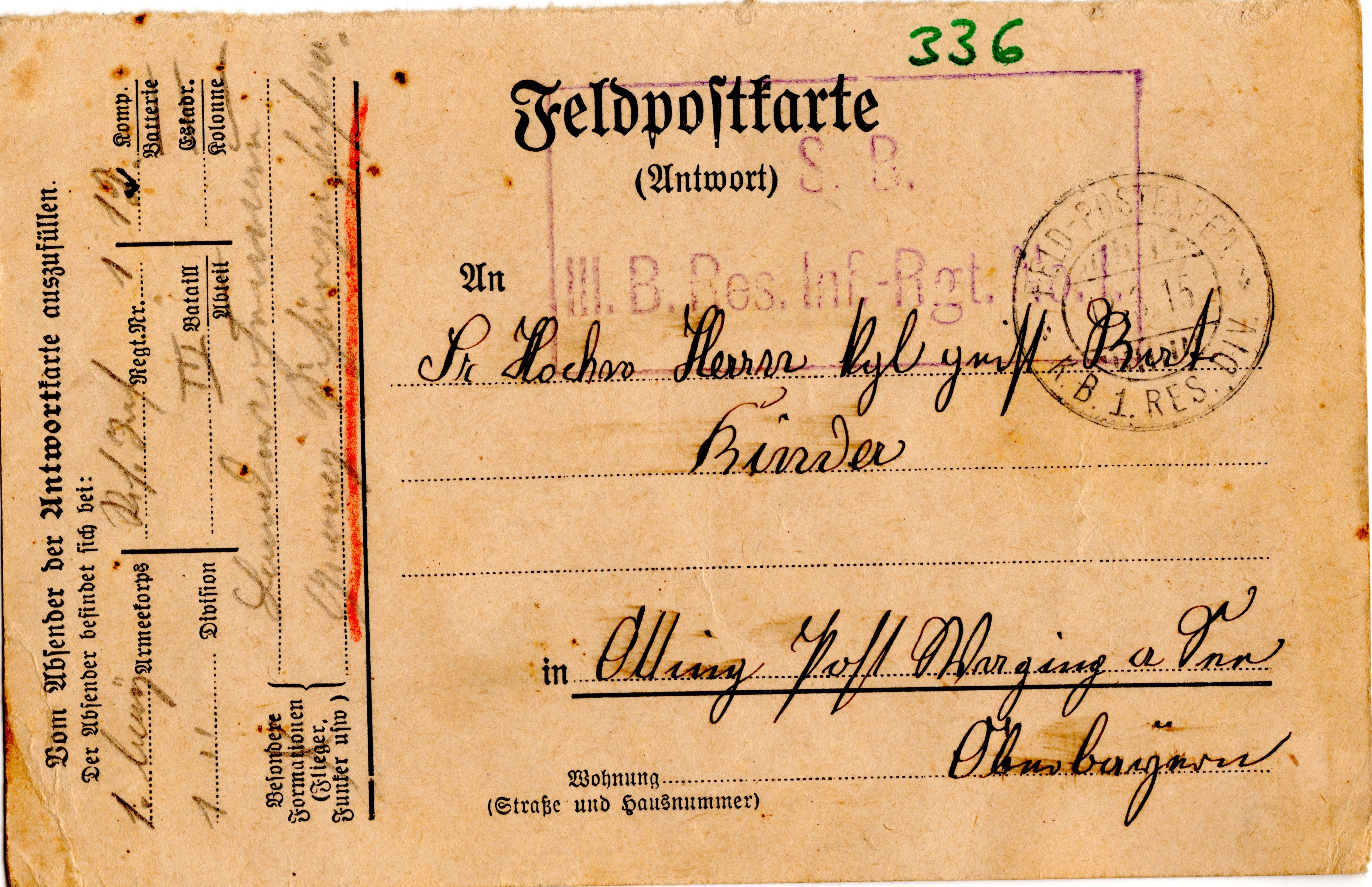 Scan der Schriftstück- Vorderseite © Katholische Pfarrkirchenstiftung St. Stephanus Otting