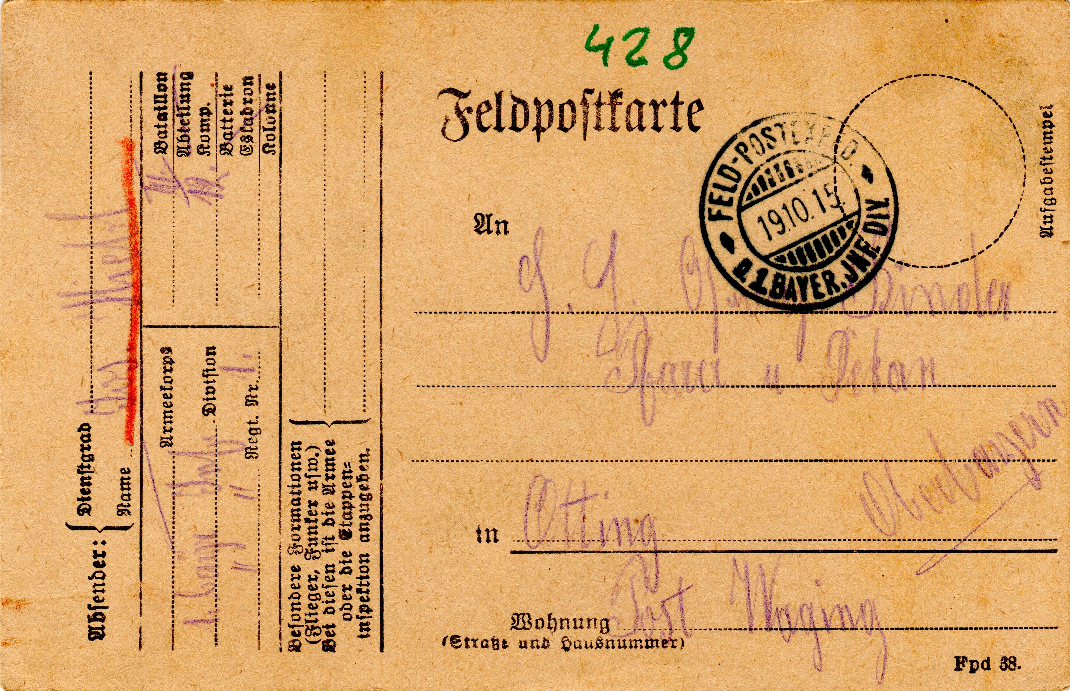 Scan der Schriftstück- Vorderseite © Katholische Pfarrkirchenstiftung St. Stephanus Otting